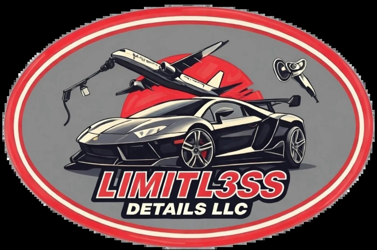 Limitl3ss Details LLC logo featuring a black sports car, red airplane, and detailing tools on gray background with red oval border