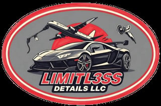 Limitl3ss Details LLC logo featuring a black sports car, red airplane, and detailing tools on gray background with red oval border