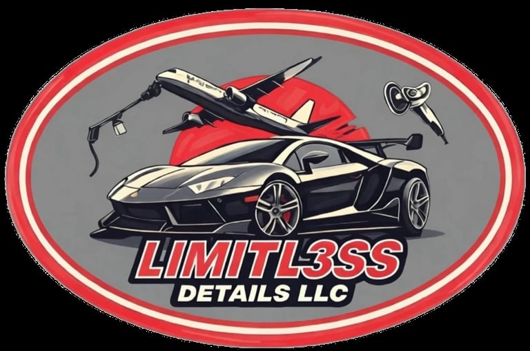 Limitl3ss Details LLC logo featuring a black sports car, red airplane, and detailing tools on gray background with red oval border